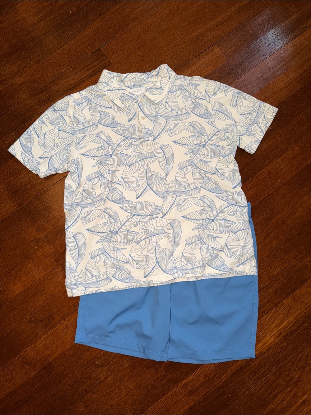 Boys Blue Leaf Print Matching Polo & Shorts Set Size 14/16